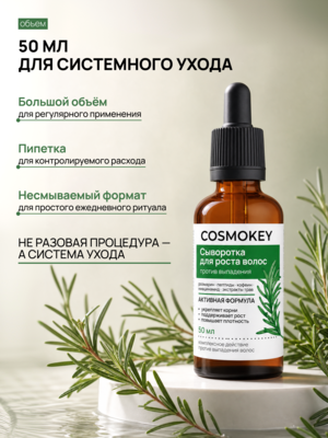 Купить Сыворотка с розмарином для роста волос Cosmokey, несмываемый активатор против выпадения, 50 мл фото 8