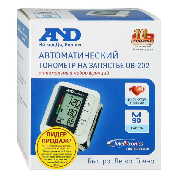 Купить AND Тонометр автоматический на запястье UB-202, память 90 измерений, индикатор аритмии фото 