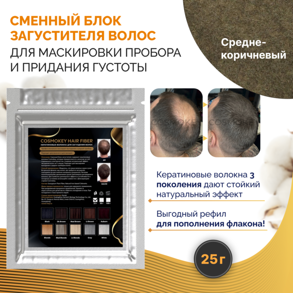Купить Cosmokey / Космокей Сменный блок загустителя для волос, средне-коричневый (med brown), 25 г фото 