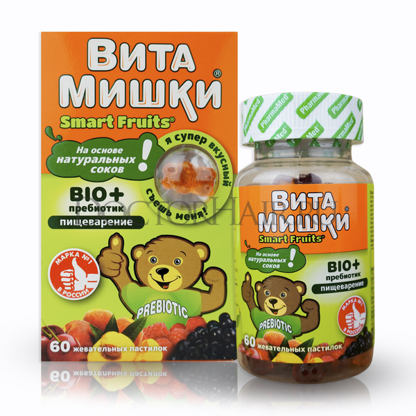 Купить ВитаМишки Био+ пребиотик жевательные пастилки, витамины для детей, улучшение пищеварения, для кишечника 60 шт фото 