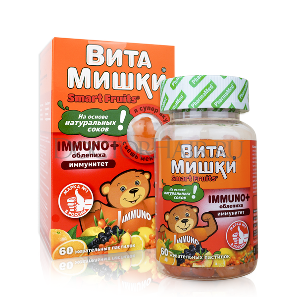 Купить ВитаМишки Иммуно+ облепиха жевательные пастилки, витамины для детей, укрепление иммунитета, против простуды и вирусов 60 шт фото 