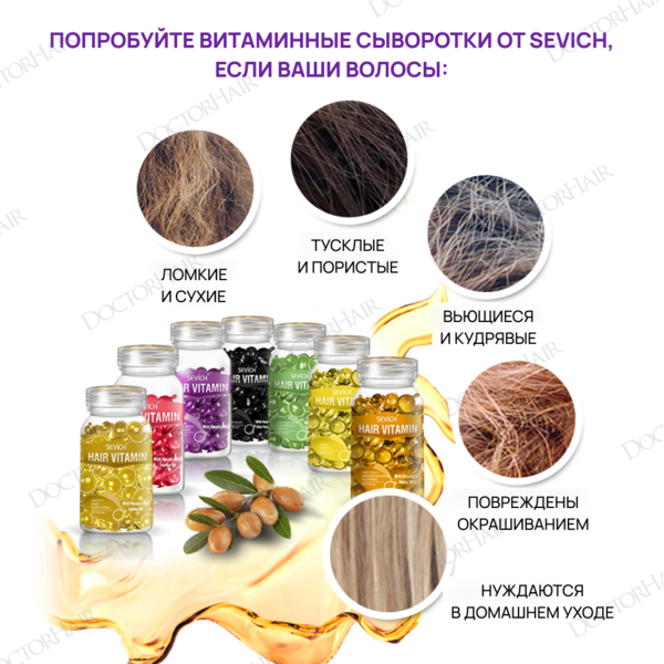 Купить Sevich Сыворотка в капсулах для гладкости и блеска волос с Марокканским маслом и Жожоба / золотые, 12 шт фото 3