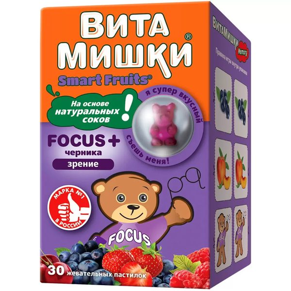 Купить ВитаМишки Фокус+ Черника, детские витамины для зрения, жевательные пастилки на основе натуральных соков, 30 шт фото 