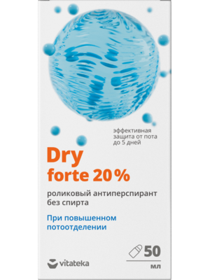 Витатека Драй Форте (Dry Forte) ролик от обильного потоотделения без спирта, антиперспирант против запаха пота водный 20% 50мл