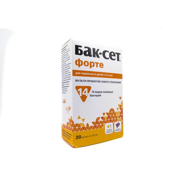 Бак-Сет Форте, мульти-пробиотик при дисбактериозе, нарушениях пищеварения, пищевых аллергиях, 20 капсул по 210 мг